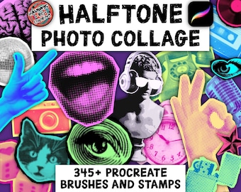 345 Procreate Halftone Photo Collage Stamps, Seamless Pattern and Lettering Brushes, Retro & Vintage Elements, Y2K Graphics, Flowers