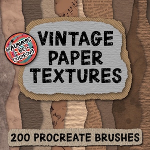 May include: A collection of 200 vintage paper textures for Procreate. The image shows a variety of paper textures, including ripped edges, crumpled paper, and old newspaper.
