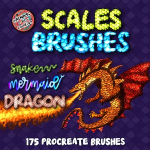 May include: A set of 175 Procreate brushes featuring scales in various colors and patterns. The brushes are designed for creating snake, mermaid, and dragon scales. The image shows a dragon with orange and red scales breathing fire.