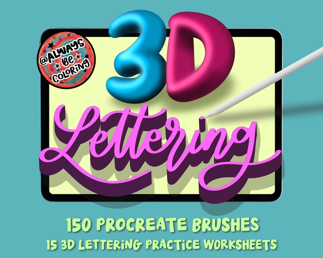 150 3D Procreate Lettering Brushes & 15 Lettering Practice Worksheets ...