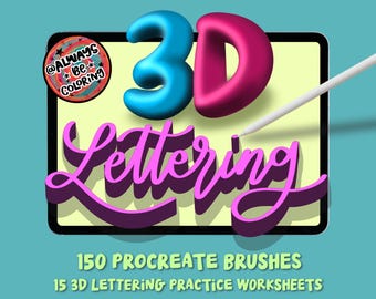 150 3D Procreate Lettering Brushes & 15 Lettering Practice Worksheets, Three Dimensional Digital Procreate Brush, Lettering Brush Pack