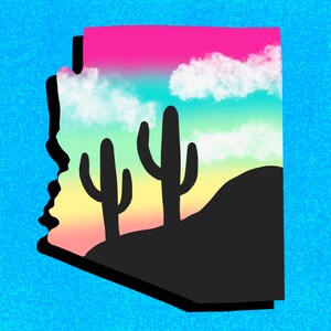 May include: A silhouette of the state of Arizona with a sunset sky and two cacti in the foreground. The sky is a gradient of pink, orange, yellow, and green with white clouds.
