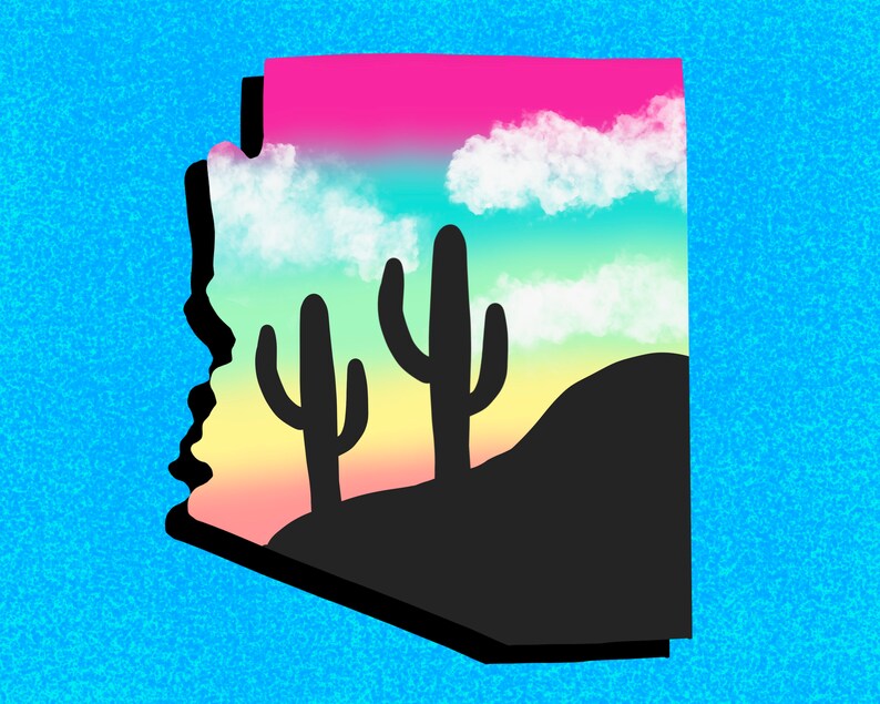 May include: A silhouette of the state of Arizona with a sunset sky and two cacti in the foreground. The sky is a gradient of pink, orange, yellow, and green with white clouds.