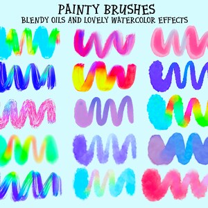 May include: A set of 15 digital paint brushes with blended oil and watercolor effects. The brushes are in various colors, including pink, blue, purple, yellow, and green. The brushes are arranged in three rows of five. The text "PAINTY BRUSHES" and "BLENDY OILS AND LOVELY WATERCOLOR EFFECTS" is at the top of the image.