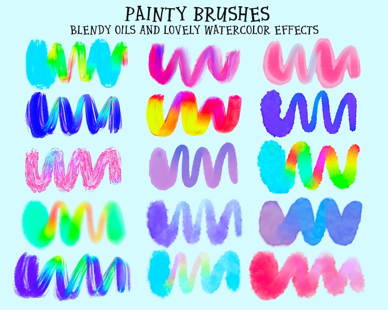 May include: A set of 15 digital paint brushes with blended oil and watercolor effects. The brushes are in various colors, including pink, blue, purple, yellow, and green. The brushes are arranged in three rows of five. The text "PAINTY BRUSHES" and "BLENDY OILS AND LOVELY WATERCOLOR EFFECTS" is at the top of the image.