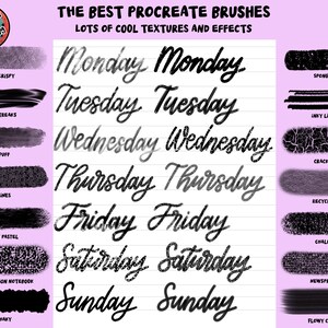 May include: A digital art graphic showcasing Procreate brushes with various textures and effects. The image features brush examples labeled "Crispy," "Streaks," "Puff," "Lines," "Wet Pastel," "Composition Notebook," and "Shaky." Days of the week are written in a cursive font.