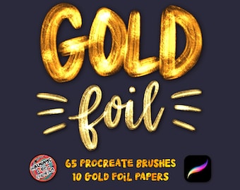 May include: Gold foil Procreate brushes and papers. 65 Procreate brushes and 10 gold foil papers.  The image shows the words "Gold foil" in a gold foil font.