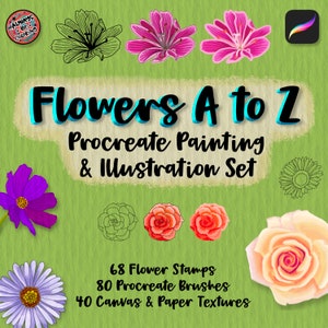 Procrea set di illustrazioni di fiori dalla A alla Z! 120 pennelli Procreate e 68 timbri floreali realistici, pennelli per pittura, pastello, texture di tela di carta
