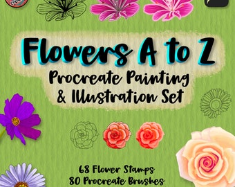¡Procrear conjunto de ilustraciones de flores de la A a la Z! 120 pinceles Procreate y 68 sellos de flores realistas, pinceles para pintar, pastel, textura de lienzo de papel