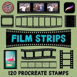 Puede incluir: Un diseño de arte digital con elementos de tiras de película y el texto "FILM STRIPS" en turquesa. Incluye una imagen de flotador de flamenco y el texto "120 PROCREATE STAMPS".
