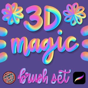 May include: A digital art graphic on a purple background. The words "3D magic brush set" are in a rainbow gradient. The image includes 3D shapes and the Procreate app logo.
