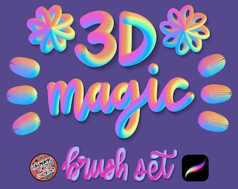 135 Procreate Magic 3D DRAG Brushes, 55 Color Swatches, User Guide with Tutorials. Three Dimensional Digital Lettering, Illustrations Brush