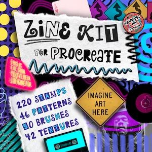 Procreate Zine Kit! Over 350 Procreate Brushes and Stamps! Textures, patterns, shaders, lettering, markers, alphabet words & collage stamps