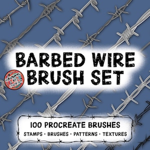 May include: A digital illustration of barbed wire, with the text "Barbed Wire Brush Set" and "100 Procreate Brushes" in white text on a blue background. The text also includes "Stamps - Brushes - Patterns - Textures".