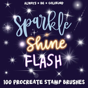 May include: 100 Procreate stamp brushes with a sparkly, shiny, and flash theme. The image features a dark blue background with white, gold, and blue stars and sparkles.