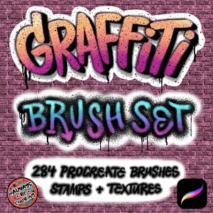 May include: A digital art graphic on a brick wall background. The words "GRAFFITI BRUSH SET" are displayed in a graffiti style with a gradient of colors. The set includes 284 Procreate brushes, stamps, and textures. A Procreate app icon is in the lower right.