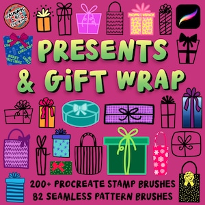 Pode incluir: Uma coleção de mais de 200 pincéis de carimbo Procreate e 82 pincéis de padrões sem costura para criar papel de embrulho e presentes. A imagem apresenta uma variedade de caixas de presente, sacolas e fitas coloridas e estampadas.
