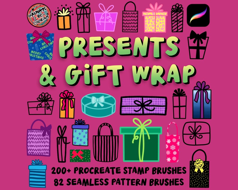 Puede incluir: Una colecci&oacute;n de m&aacute;s de 200 pinceles de sello Procreate y 82 pinceles de patrones sin costuras para crear papel de regalo y regalos. La imagen presenta una variedad de cajas de regalo, bolsas y cintas coloridas y estampadas.