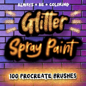 以下が含まれることがあります： 金色のキラキラした文字で「Glitter Spray Paint」と書かれたレンガの壁の背景。テキストはスプレーペイント効果で囲まれています。テキストの下には、金色のキラキラした背景に黒い文字で「100 Procreate Brushes」と書かれたバナーがあります。画像はデジタルイラストです。