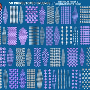 May include: A set of 50 digital brushes featuring rhinestone designs in purple and silver. The brushes are arranged in rows and columns, with each brush showing a different pattern of rhinestones. The text "50 RHINESTONES BRUSHES" is at the top of the image.