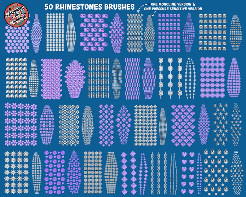 May include: A set of 50 digital brushes featuring rhinestone designs in purple and silver. The brushes are arranged in rows and columns, with each brush showing a different pattern of rhinestones. The text "50 RHINESTONES BRUSHES" is at the top of the image.