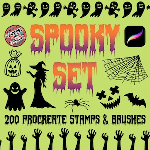 May include: A digital art set with a Halloween theme. The words "Spooky Set" are in orange and purple dripping letters. Includes black silhouettes of ghosts, pumpkins, a witch, a spider, and a bat. Text reads "200 Procreate Stamps & Brushes."
