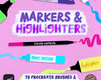 May include: A digital illustration of markers and highlighters with the text "MARKERS & HIGHLIGHTERS" in a purple and blue gradient. The image also includes the text "75 PROCREATE BRUSHES & 15 PAPER TEXTURE BRUSHES".