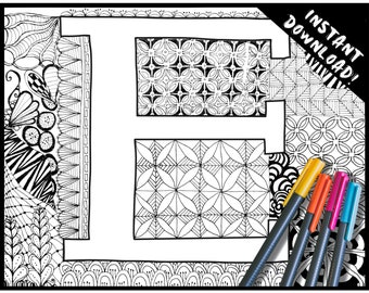 Printable ABC Coloring Book Pages for Adults and Children!  Letter E, Complex, Original, Zentangle Pattern.  Instant Digital Download!