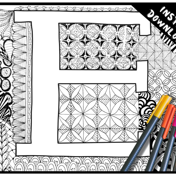 Printable ABC Coloring Book Pages for Adults and Children!  Letter E, Complex, Original, Zentangle Pattern.  Instant Digital Download!