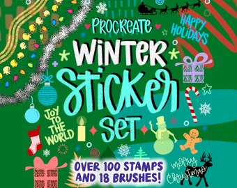 Over 100 Procreate Stamp Brushes with Abstract Shapes and Cute Winter Themed Doodles! Plus 18 Christmas Brushes. Holiday Santa Tree Flowers