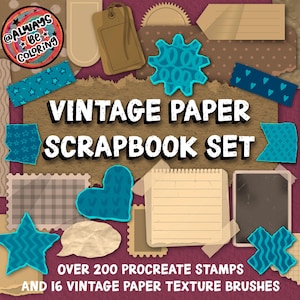 Oltre 200 timbri Procreate Vintage Paper e Scrapbook, più 16 pennelli di alta qualità per texture di carta vintage, collage digitali, illustrazioni