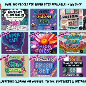 May include: A digital collage showcasing nine distinct Procreate brush sets with titles including Procreate and Chill, Magic Outline Brushes, Mood Board Creator Kit, Paper Cut, Thick Oils, Stained Glass, Stitches, Bedazzled, and Seamless Pattern Creator Kit.