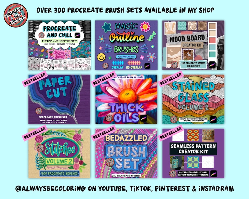 May include: A digital collage showcasing nine distinct Procreate brush sets with titles including Procreate and Chill, Magic Outline Brushes, Mood Board Creator Kit, Paper Cut, Thick Oils, Stained Glass, Stitches, Bedazzled, and Seamless Pattern Creator Kit.