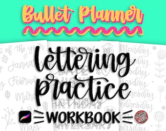 10 Procreate Brushes, 10 Lettering Practice Worksheets, Bullet Planner Theme, Procreate Lettering, Calligraphy, Lettering Workbook Beginner