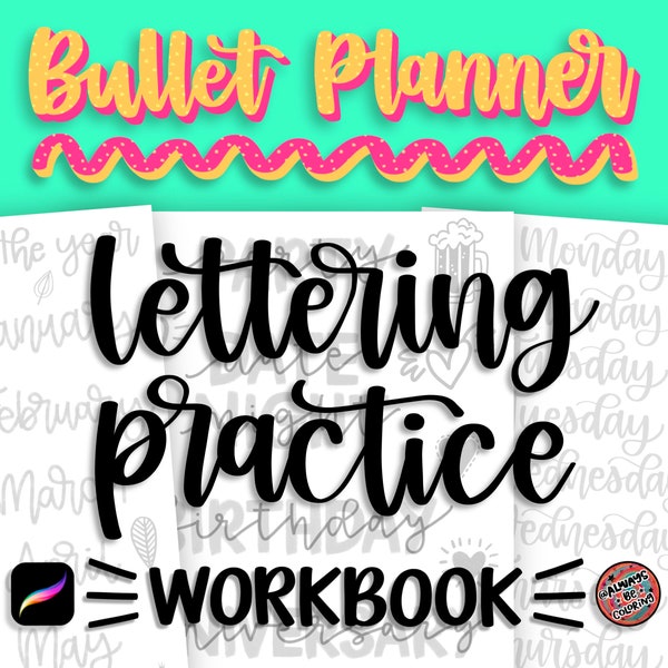 10 Procreate Brushes, 10 Lettering Practice Worksheets, Bullet Planner Theme, Procreate Lettering, Calligraphy, Lettering Workbook Beginner