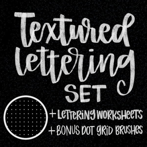 24 Procreate Texture Lettering Brushes with Lettering Practice Worksheets & 2 Dot Grid Brushes| Fabric and Chalk Brush Set| Textured Brushes