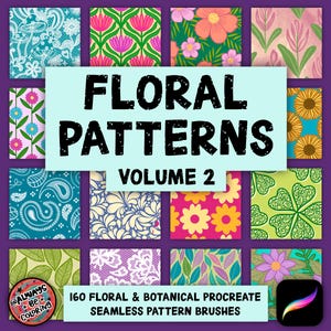 Op de afbeelding: Een set van 160 bloem- en botanische Procreate naadloze patroonpenseel. De penseel zijn weergegeven in een raster van 12 vierkanten, elk met een ander patroon. De patronen zijn kleurrijk en bevatten een verscheidenheid aan bloemen, bladeren en andere botanische elementen. De tekst "Floral Patterns Volume 2" wordt weergegeven in een groot lettertype bovenaan de afbeelding.