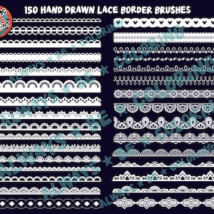 May include: 150 hand-drawn white lace border brushes on a dark blue background. The brushes are in a variety of styles, including simple, ornate, and floral.