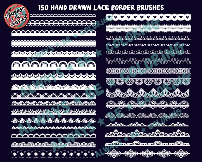 May include: 150 hand-drawn white lace border brushes on a dark blue background. The brushes are in a variety of styles, including simple, ornate, and floral.