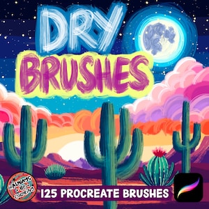 Puede incluir: Ilustración de arte digital con las palabras "DRY BRUSHES" en blanco y morado sobre un paisaje desértico con cactus y una luna llena. La imagen incluye el texto "125 PROCREATE BRUSHES" y un icono de la aplicación Procreate.