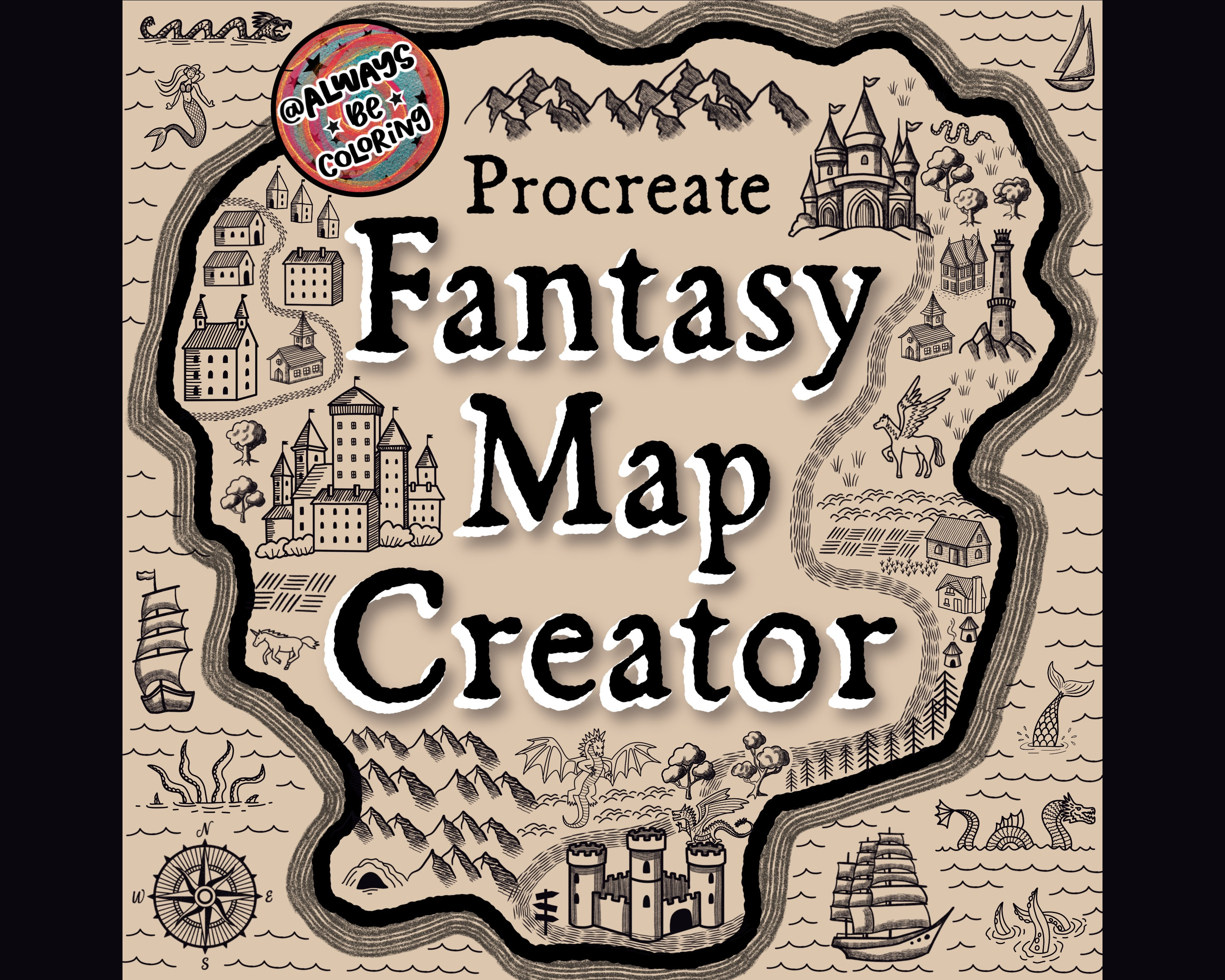 Procreate Fantasy Map Creator Brush Set – 350 Hand-Drawn Stamps, Patterns & Texture Brushes for RPG, Cities & Landscapes