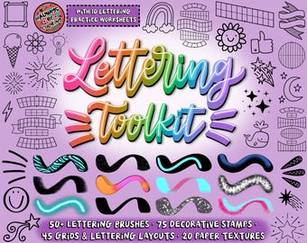 May include: A digital lettering toolkit graphic featuring the text Lettering Toolkit in a rainbow gradient. The image includes various black line art icons, brush stroke samples in textures like glitter and neon, and text stating 50+ Lettering Brushes, 75 Decorative Stamps, 45 Grids & Lettering Layouts, and 20 Paper Textures.