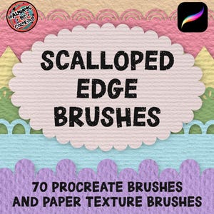 Könnte beinhalten: Digitale Grafik mit dem Text "Scalloped Edge Brushes" in Schwarz auf einer hellrosa, wellenförmigen Form. Das Bild enthält den Text "70 Procreate Brushes and Paper Texture Brushes" und ein Procreate App-Symbol.