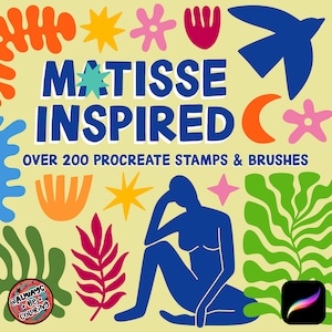 Puede incluir: Gráfico de arte digital con el texto "MATISSE INSPIRED" y "OVER 200 PROCREATE STAMPS & BRUSHES". La imagen presenta formas abstractas coloridas, una silueta azul de una persona y un icono de la aplicación Procreate.