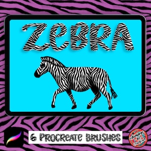 May include: A digital illustration of a zebra on a blue background. The word "ZEBRA" is written in black and white stripes above the zebra. The image is displayed on a tablet screen with a pink and black zebra stripe pattern background. The text "6 Procreate Brushes" is visible at the bottom of the image.
