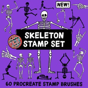 Op de afbeelding: Een set van 60 Procreate-stempelpenselen met verschillende skeletillustraties in zwart-wit. De illustraties omvatten skeletten in verschillende poses, waaronder dansen, gitaar spelen en yoga doen. De tekst "SKELETON STAMP SET" wordt weergegeven op een zwarte banner.