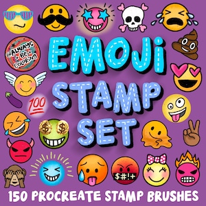 May include: A set of 150 Procreate stamp brushes featuring colorful emoji designs. The emojis include a variety of expressions, such as smiling, winking, crying, and pooping. The text "@ALWAYS BE COLORING EMOJI STAMP SET" is displayed in a colorful font.