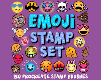 May include: A set of 150 Procreate stamp brushes featuring colorful emoji designs. The emojis include a variety of expressions, such as smiling, winking, crying, and pooping. The text "@ALWAYS BE COLORING EMOJI STAMP SET" is displayed in a colorful font.