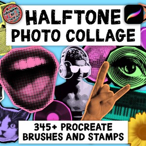 Może przedstawiać: Grafika cyfrowa z napisami "Halftone Photo Collage" i "345+ Procreate Brushes and Stamps". Obraz zawiera r&oacute;żne ilustracje w stylu p&oacute;łton&oacute;w, w tym kota, czaszkę i gest dłoni, wszystko na jasnoniebieskim tle.