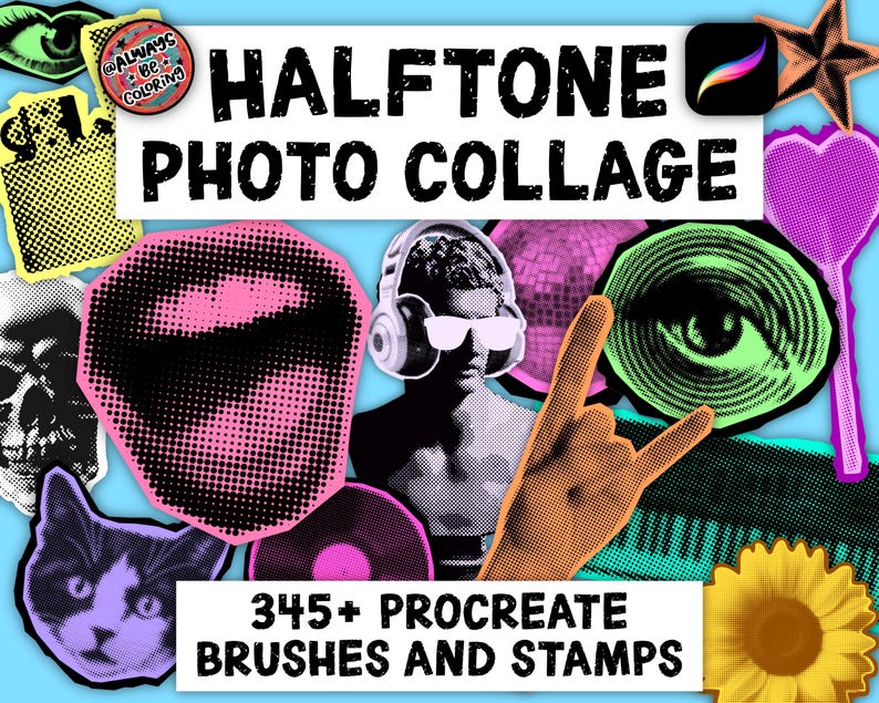 Może przedstawiać: Grafika cyfrowa z napisami "Halftone Photo Collage" i "345+ Procreate Brushes and Stamps". Obraz zawiera r&oacute;żne ilustracje w stylu p&oacute;łton&oacute;w, w tym kota, czaszkę i gest dłoni, wszystko na jasnoniebieskim tle.